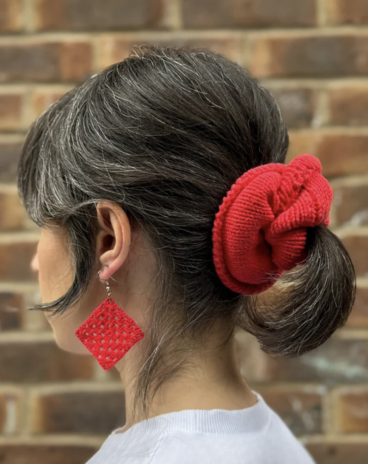 Red hair tie and matching earrings